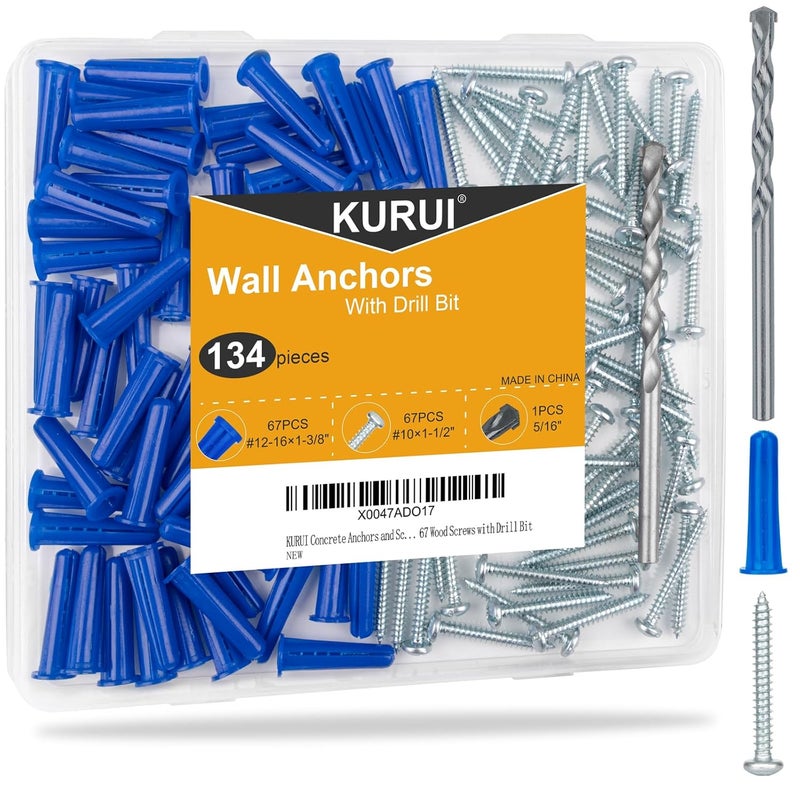 KURUI #12-16 Wall Anchors and Screws Kit, 134 PCs Drywall Anchors for Drywall Brick Masonry Stucco Concrete, 67 Plastic Concrete Anchors and 67 Wood Screws, Drywall Anchors for Picture, Curtain Rod - Image 1